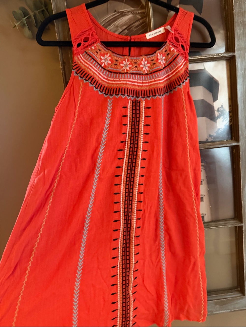 Blu Pepper Coral Embroidered Sleeveless Shift Dress XS Boho